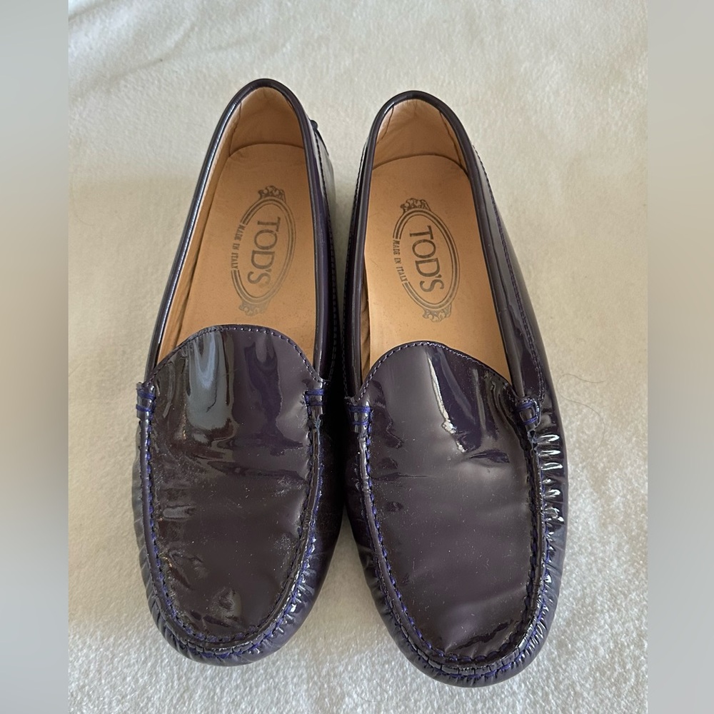 Tods purple patent leather loafers